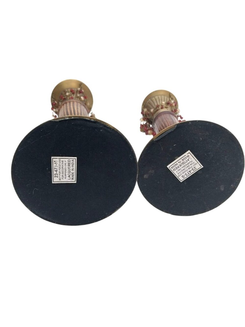Vintage Brass & Laquered Wood Candlestick Holders Beaded Garland Pair Set of 2 - Picture 6 of 9